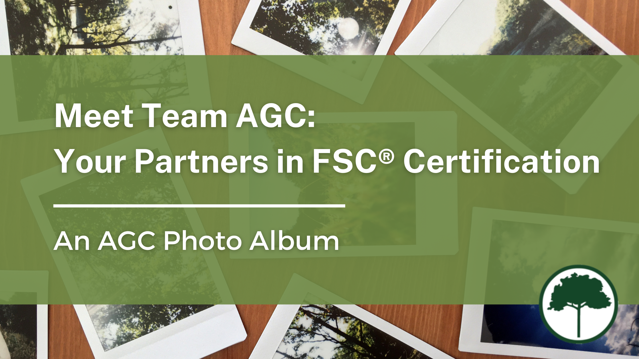 Background image is a wooden table covered in polaroid photos. The text reads: Meet Team AGC - Your partners in FSC certification