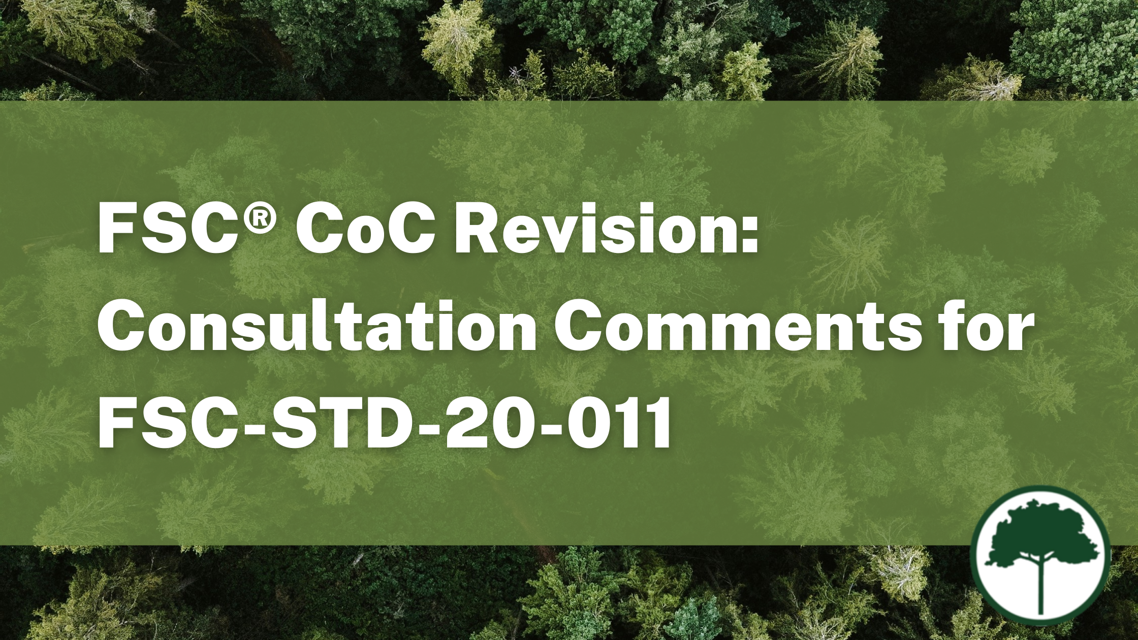 View of a pine forest from above looking down. Text reads: FSC® CoC Revisions: Consultation Comments for FSC-STD-20-011