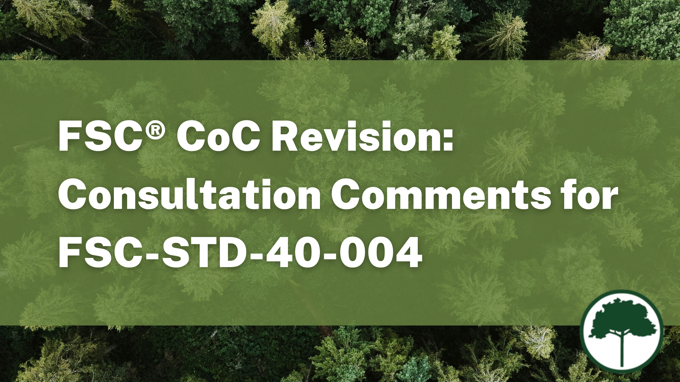 View of a pine forest from above looking down. Text reads: FSC® CoC Revisions: Consultation Comments for FSC-STD-40-004