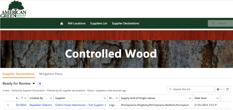 Screenshot of Controlled Wood Portal page