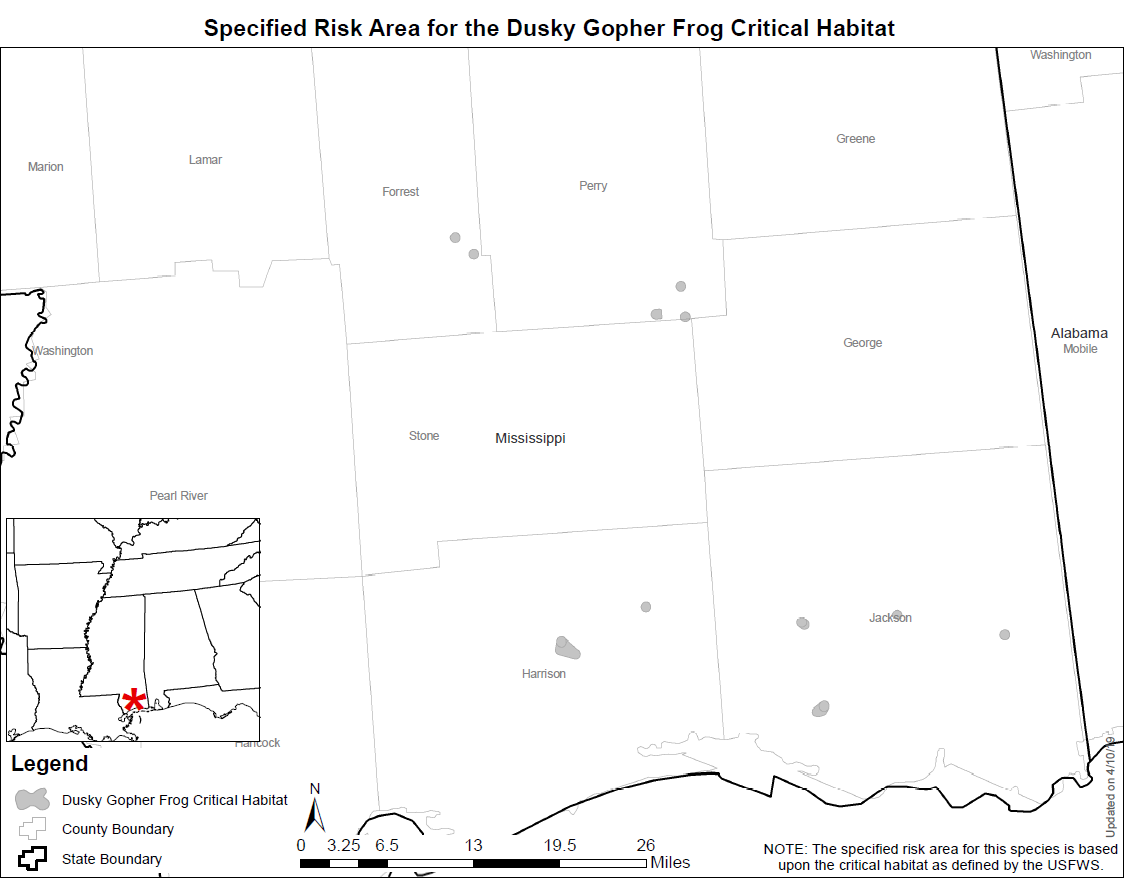 Map of the specified risk area for the Dusky Gopher Frog critical habitat