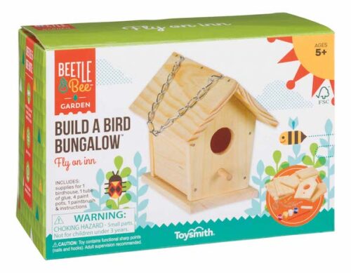 Box of a Toysmith product. On the front is a photo of the Beetle & Bee Build A Bird Bungalow